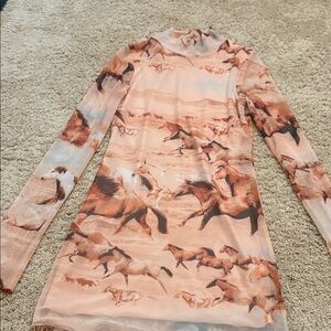 Urban Outfitters Peach & Tan Sheer Horse-Print Long Sleeve Dress